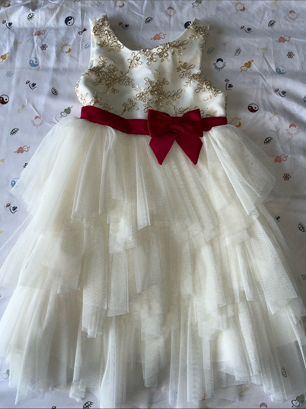 American Princess Cream Tulle Dress with Red Bow Sash